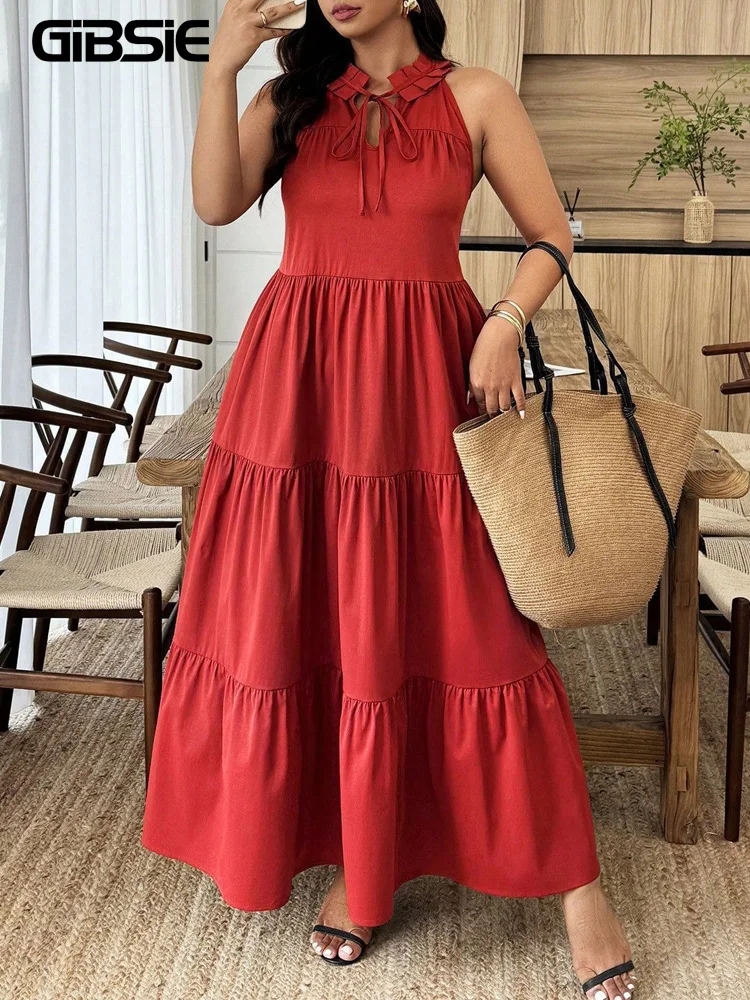 

GIBSIE Plus Size Summer Tie Neck Sleeveless Ruffle Hem Dress Women Boho Beach Vacation Casual Big Swing Maxi Long Dresses 2026
