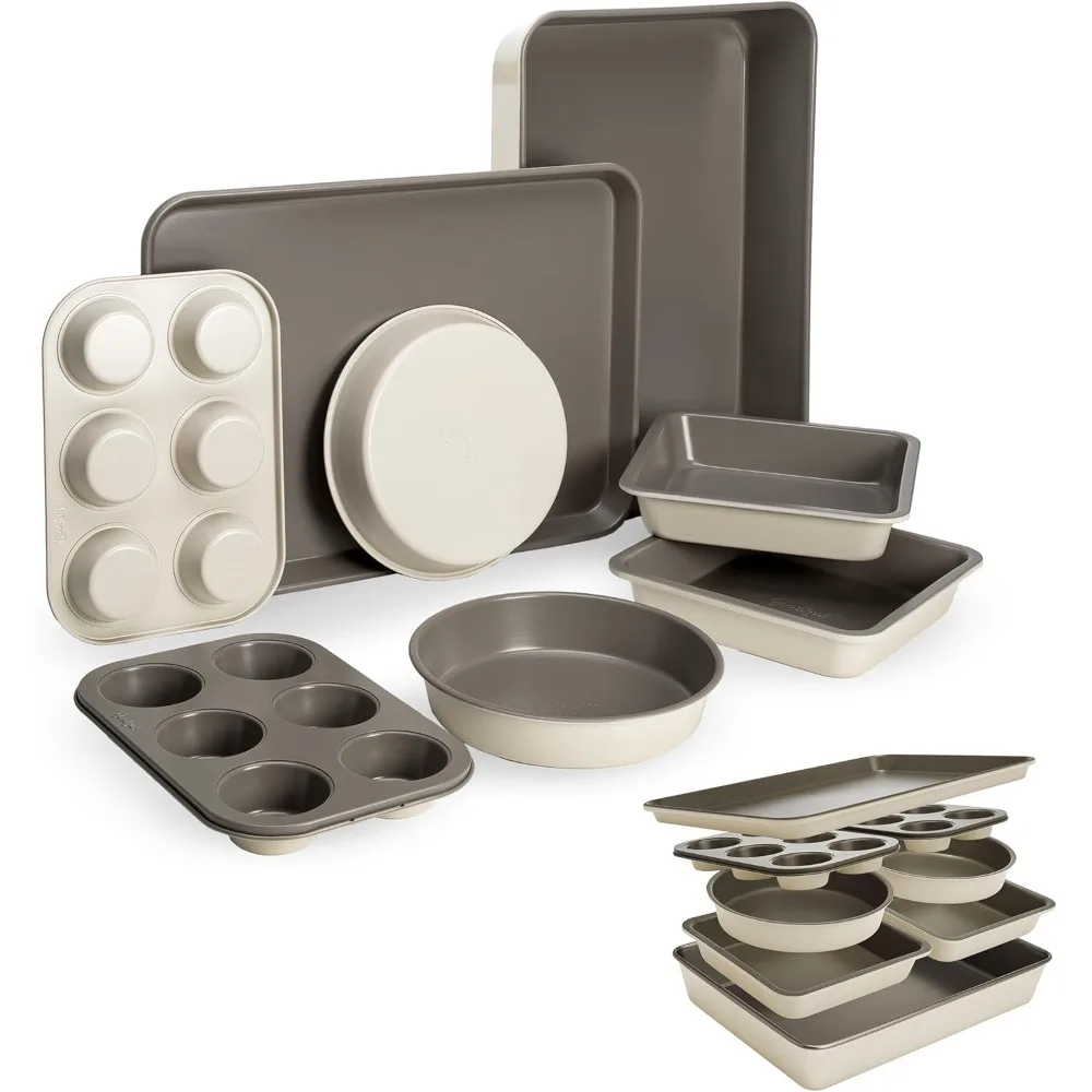 

Goodful All-In-One Nonstick Bakeware Set, Stackable and Space Saving Design includes Round and Square Pans, Muffin Pans, Cookie