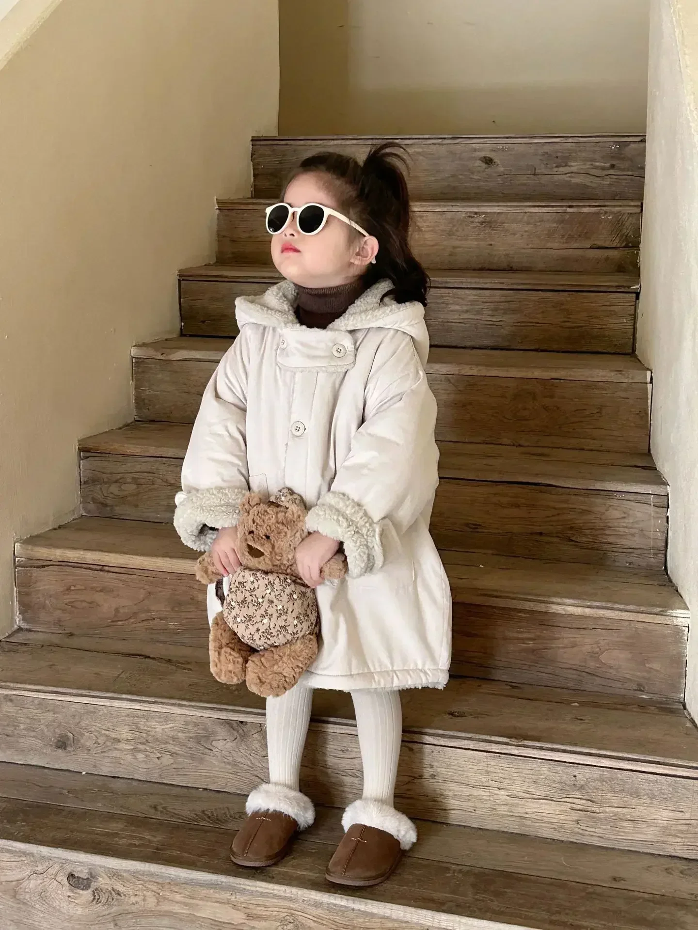 Girl Coat 2023 Winter Children Korean Version of Children Wear Girls Two-sided Lamb Wool Coat Medium Long Coat Girl Winter Coat
