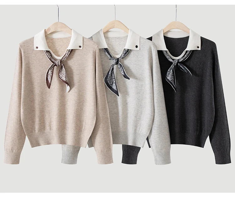 ML62115 Damen-Pullover mit Polokragen, Langarm, Strickpullover mit Kontrastkragen, Modal-Mischung mit Schal, lässiger Pullover für den Frühherbst – Detail 7