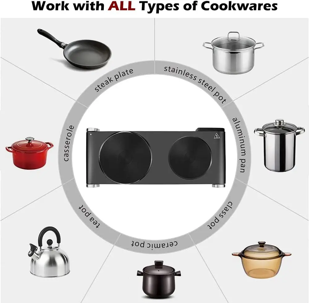 Quemador eléctrico de doble placa caliente, encimera de cocina de 1800W con Control de temperatura ajustable