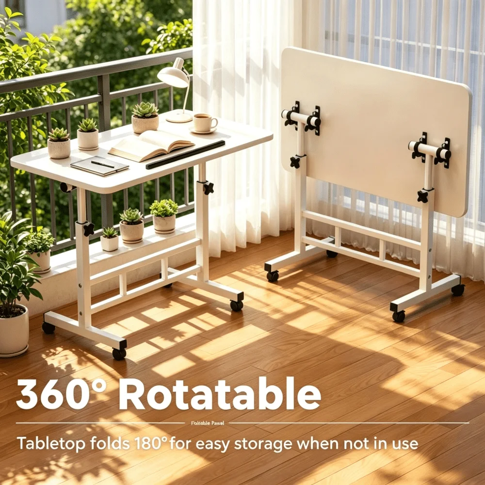 Luxury Large Foldable Side Table With Wheels - Lockable Mobile Laptop Desk - C-Shaped Portable Bedside Workstation - Suitable For Bed, Sofa, Home Office - Vintage Wood Grain Multifunctional Computer Desk - For Work, Reading, Dining, Gift