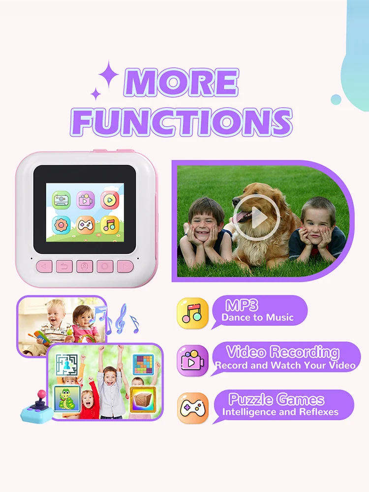 キッズミニインスタントプリントカメラ 2.4インチスクリーン 子供用描画カメラ 48MP 1080Pビデオ サーマルプリンター クリスマス/誕生日プレゼント