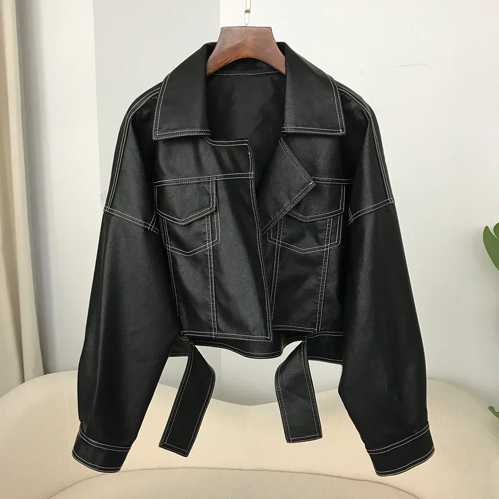 Spring Women Fashion Split Hem Black Faux PU Leather Coat Casual Lapel Long Sleeve Female Biker Jacket Streetwear Casual Fashion