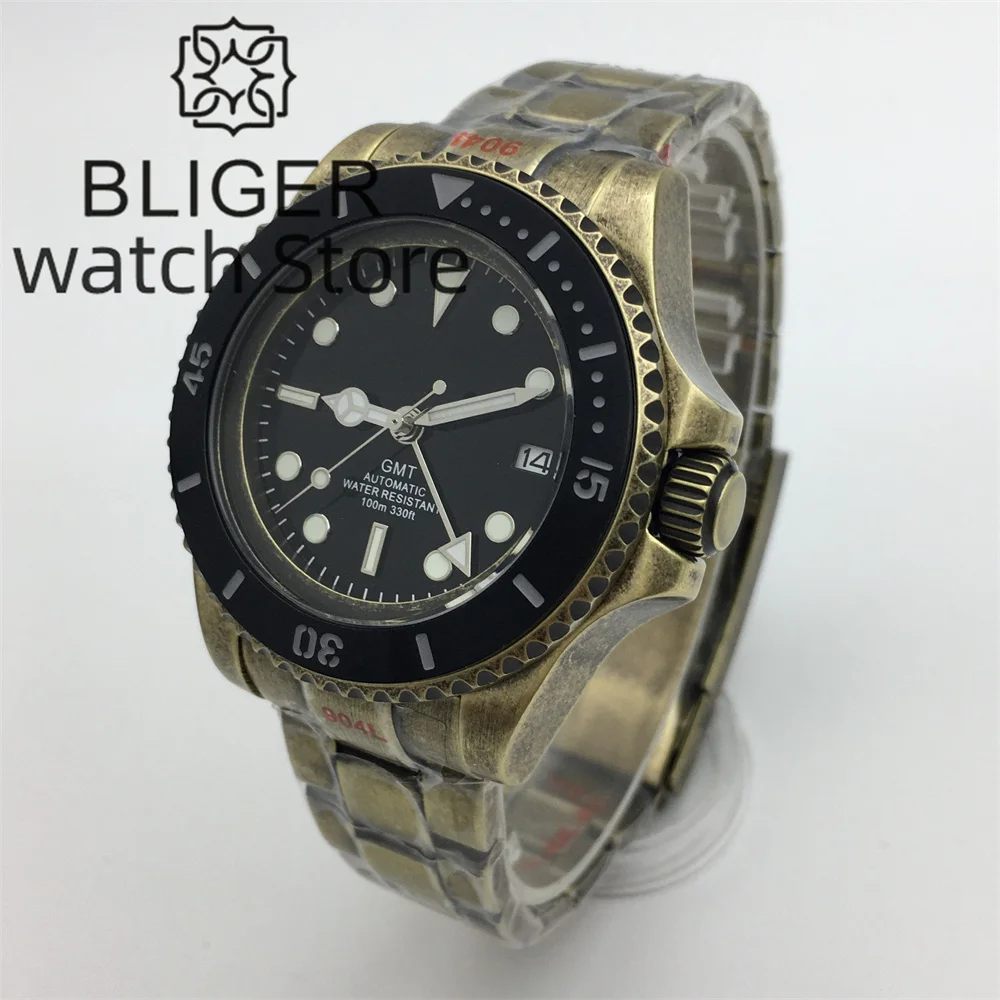 Bronze 43mmGMT Men's Watch Black dial NH34 Movement Sapphire Glass Oyster folding Buckle bracelet Green luminous ceramic bezel