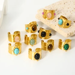 Vintage Natural Stone Geometric Gold Plated Stainless Steel Ring Trendy Fashion Ring Jewelry