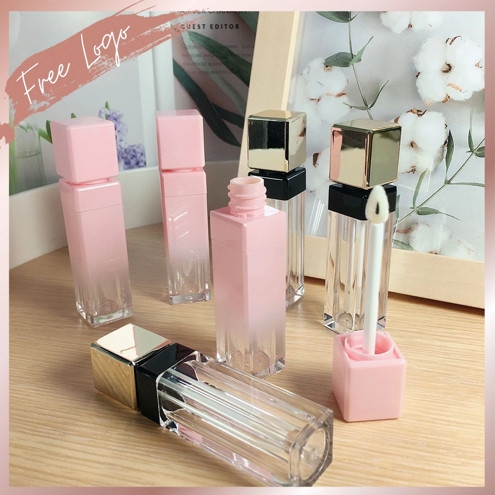 8 ml Lip Gloss Empty Tube Container Custom Logo Square Lip Glaze Makeup Packaging Lipstick Tube Luxury Gold Black Pink Hear Wand