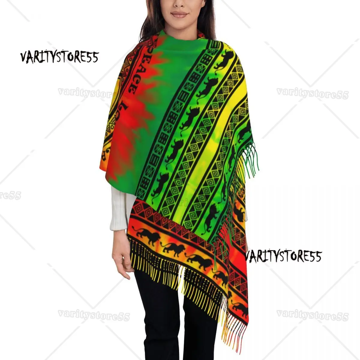 

Custom Jamaican Tie Dye Tribal Peace Sign Love Tassel Scarf Women Winter Warm Shawl Wrap Female Scarves