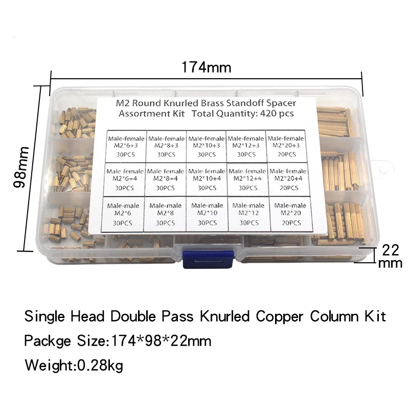 420PCS Boxed Single Head Double Pass Knurled Copper Column Set Yin And Yang Stud Knurled Isolation Column M2