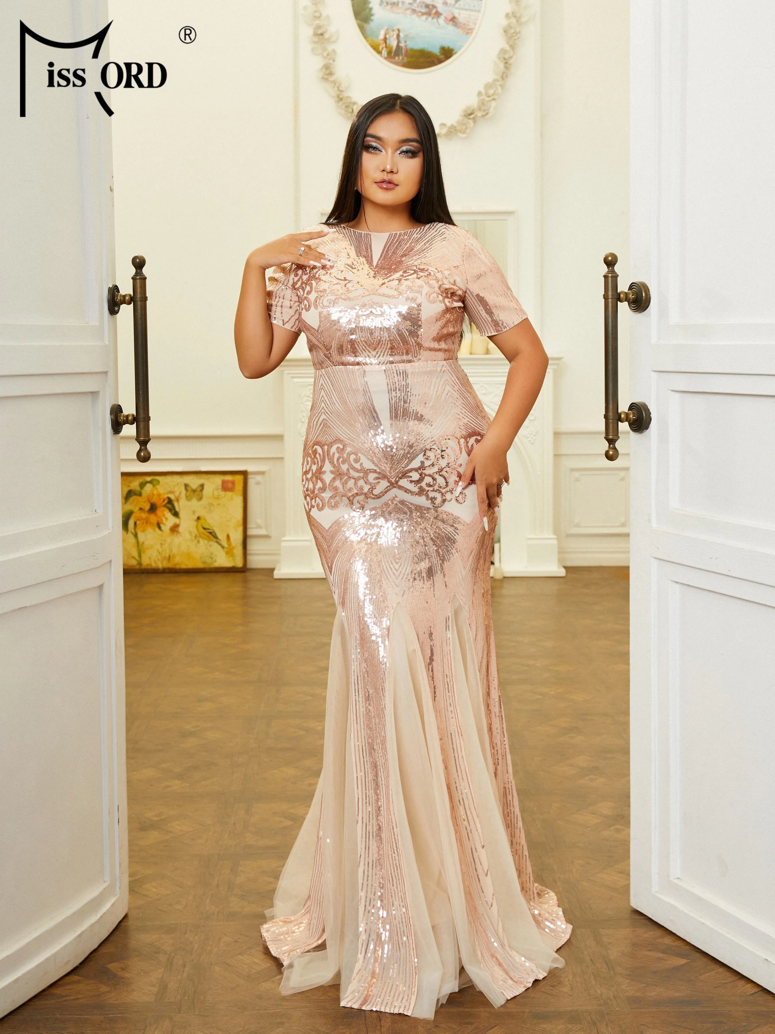 Missord New Plus Size Women Clothing 4XL Round Neck Short Sleeve Sequin Mermaid Evening Cocktail Prom Dress