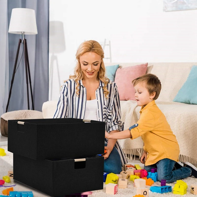 Rectangular Storage Bin Durable Baskets For Storage Decorative Collapsible Storage Basket With Wood Carry Handles Reusable A