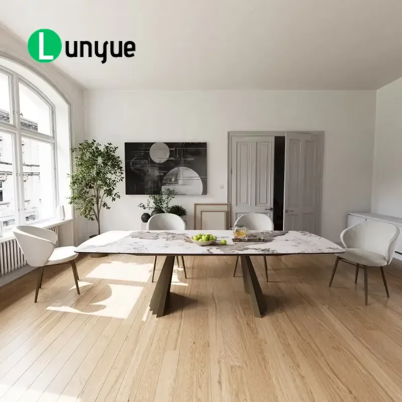 Luxury Marble Dining Table Set for 6 People European Oval Top Golden Metal Legs Elegant Design Suitable for Family Restaurant