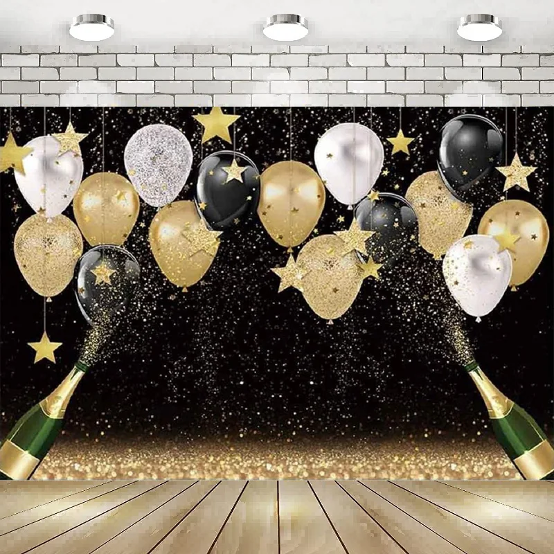 Black Golden Photography Backdrop New Year Favors Balloon Glitter Stars Champagne Bachelorette Party Background Banner Decor