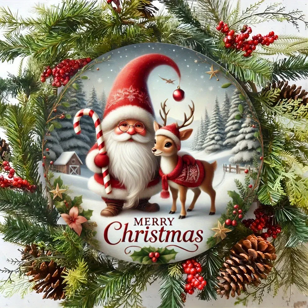 Reindeer & Gnome Metal Sign -Round Iron Wall Art with Seasonal Greetings, Festive Wreath Design for Home Garden Garage Farmhouse