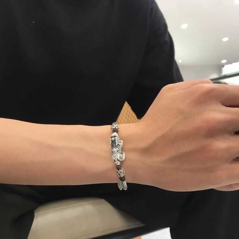 Real 999 Fine Silver Wealth Pixiu With Long Tube Knitted Bracelet For Men 7.08