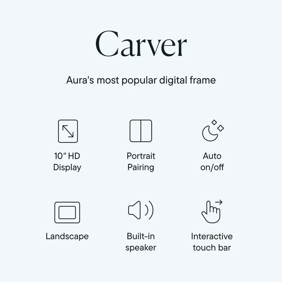إطار صورة رقمي Carver HD WiFi، 10.1، أضف صورًا مع تطبيق Aura، قواطع أسلاك تخزين مجانية غير محدودة لأفضل P الرقمية