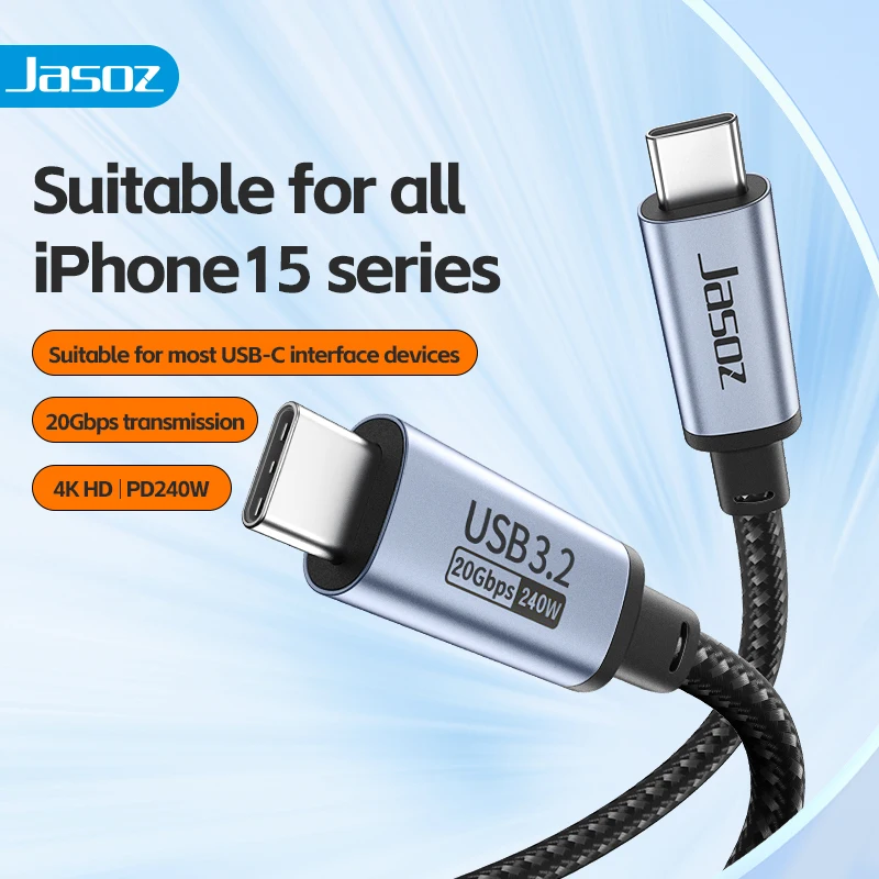 Jasoz USB 3.2 Gen2x2 Kabel 20Gbps Type C naar Type C Kabel 4K@60Hz PD240W Snellaadkabel voor Laptop MacBook Pro iPad iPhone