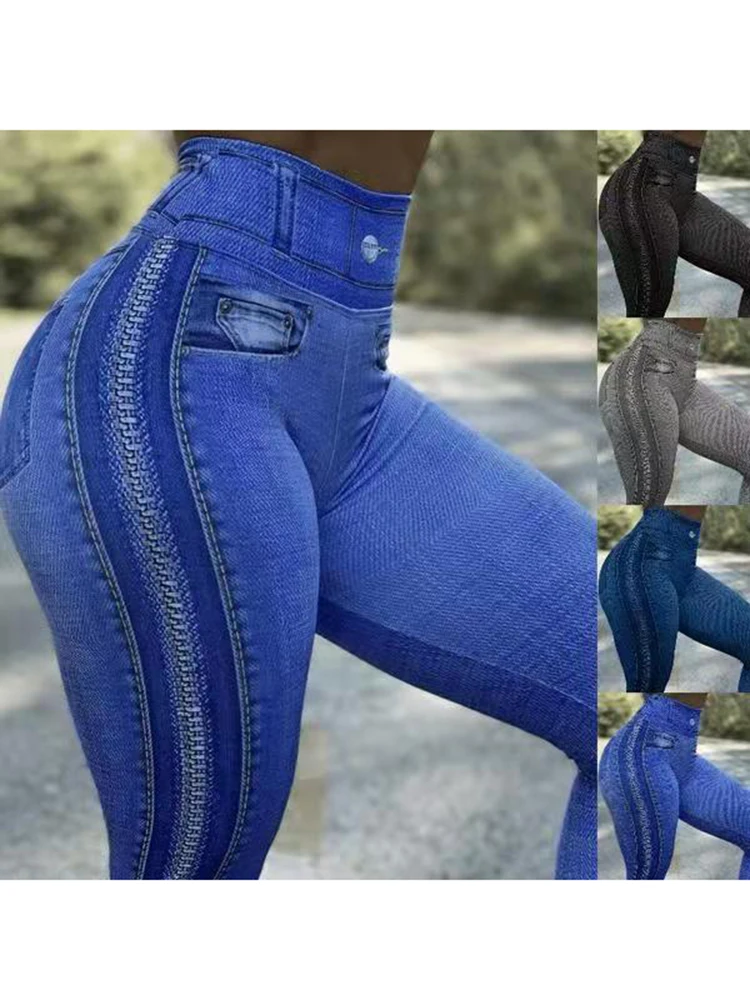 Fitness Leggins Faux Denim Jeans Jeggings New Fashion Zipper Printed Leggings Sexy Penci Pants Sports Trousers