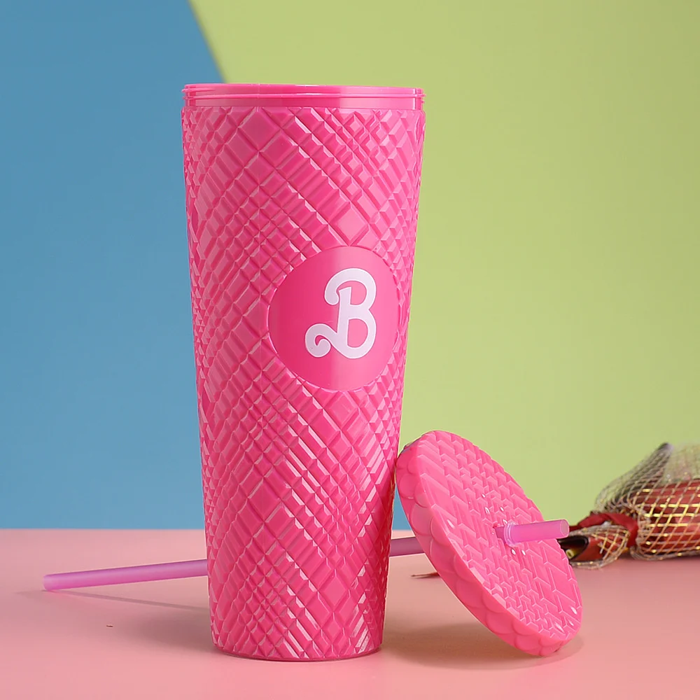 Kawaii Barbie Pink Girls Diamond Cup Set Cute Checkered Straw Direct Drinking Cup Single Layer Women Durian Cup Birthday Gifts