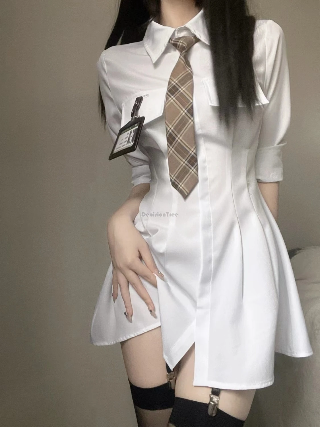 2024 Sexy fashion white long-sleeved shirt dress female new summer design sense waist slimming A-line imporved women jk set w738