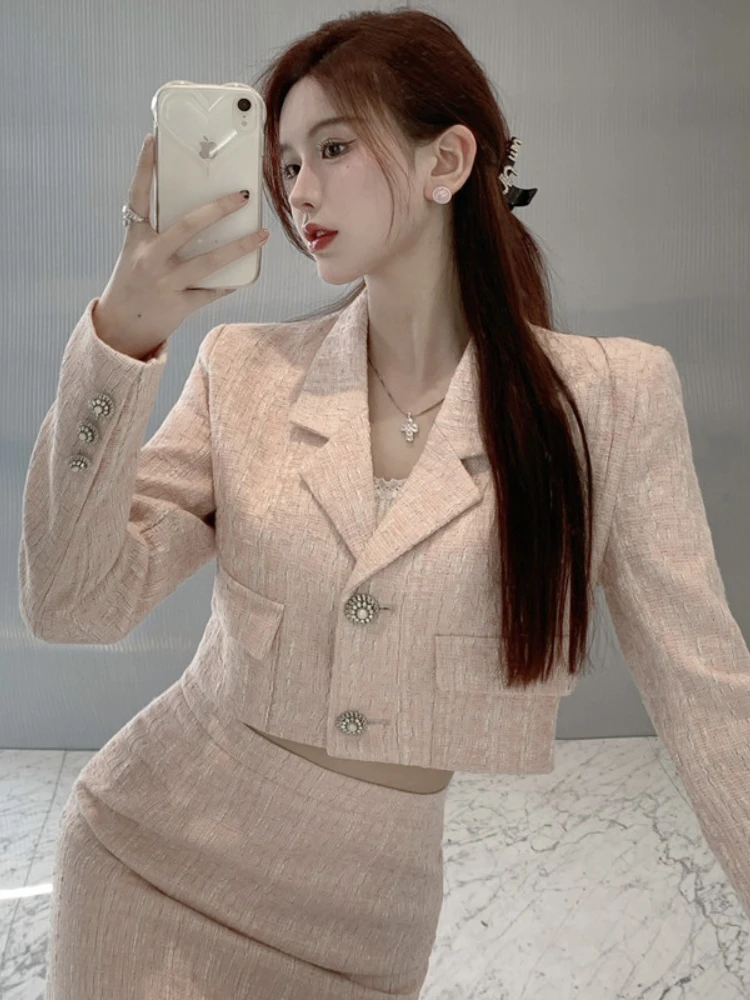 Elegant Fashion Pink Tweed Suit Women\'s Autumn 2023 Y2k High Quality Blazer Coat+Bag Hip Skirt Commuting Two-Piece Set