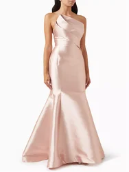 Hot Selling Asymmetric Neckline Sleeveless Mermaid Satin Evening Dress Elegant Open Back Zipper Floor Length Gown For Women 2024