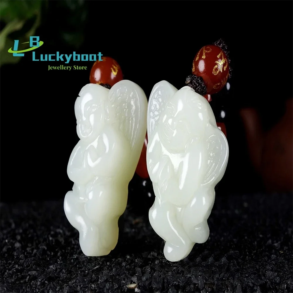 شينجيانغ هيتيان الأبيض اليشم الملاك قلادة الرجال والنساء منحوتة بدقة قليلا