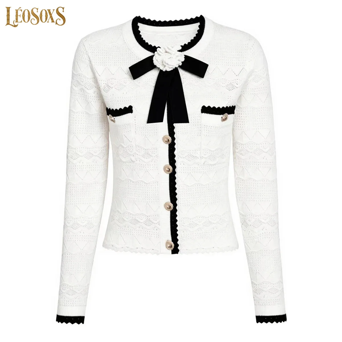 LEOSOXS High Quality Summer Autumn New Women Bow Color Block Long Sleeve Knitted Cardigan And Skirt Commuter Outfit Set