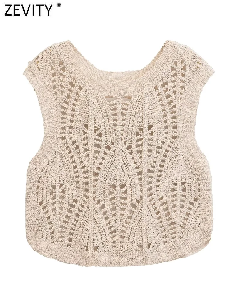 Zevity Women Fashion O Neck Lace Crochet Hollow Out Knitting Smock Blouse Female Sleeveless Vest Shirts Blusas Chic Tops LS6304