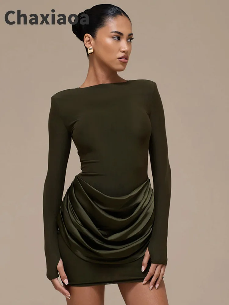 Chaxiaoa Long Sleeve Ruched Sexy Mini Dress Women Gown Elegant Satin Patchwork O Neck High Waist Club Party Dresses Fashion