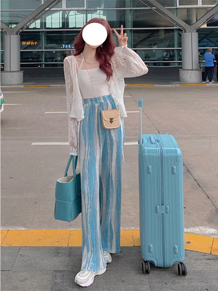 

Ice Silk Dyed Wide Leg Casual Home Sleepwear Beach Sun Protection Lightweight Summer Pants for Women Simple Straight Cut Elas...