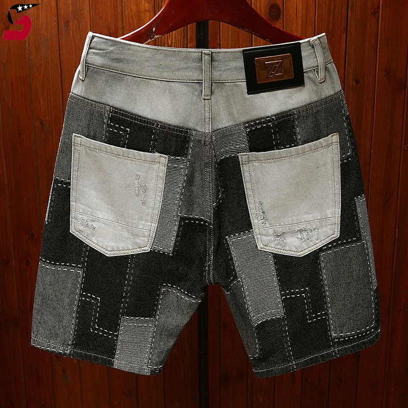 New Summer Denim Shorts For Men'S 5-Point High End Fashionable Contrast Colored Patched Scratched Hole Patched Horse Pants