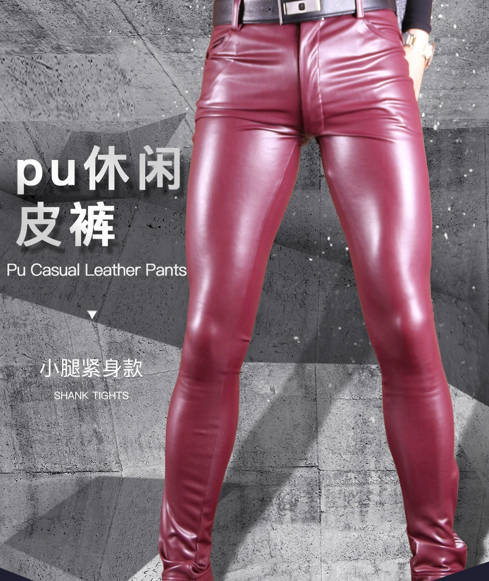 Mens Jeans Style Mid-Rise Skinny leggings Punk PU Faux Leather Trousers Casual Pencil Pants High Elasticity Motorcycle Bootcut