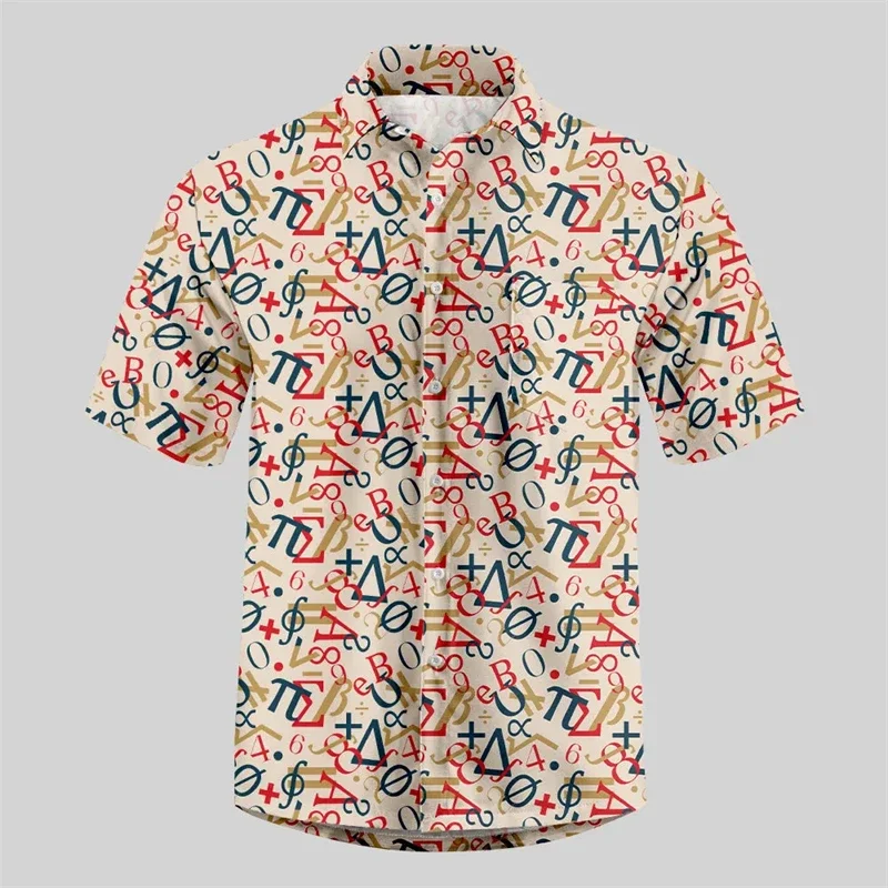 Chemise hawaïenne homme été, imprimé de symboles mathématiques colorés, manches courtes, plusieurs styles au choix