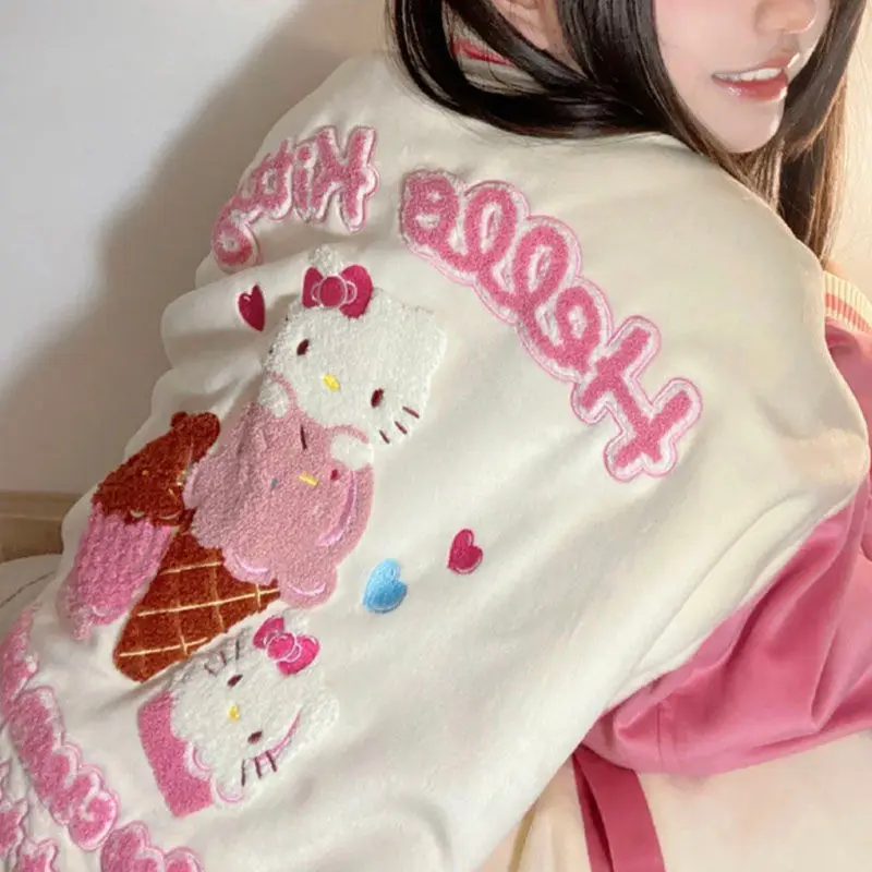 

Kawaii Sanrio Hello Kitty Women Hoodies Coat 2024 Autumn Winter Vintage Loose Hooded Sweatshirts Y2K Long Sleeve Jacket Top Gift