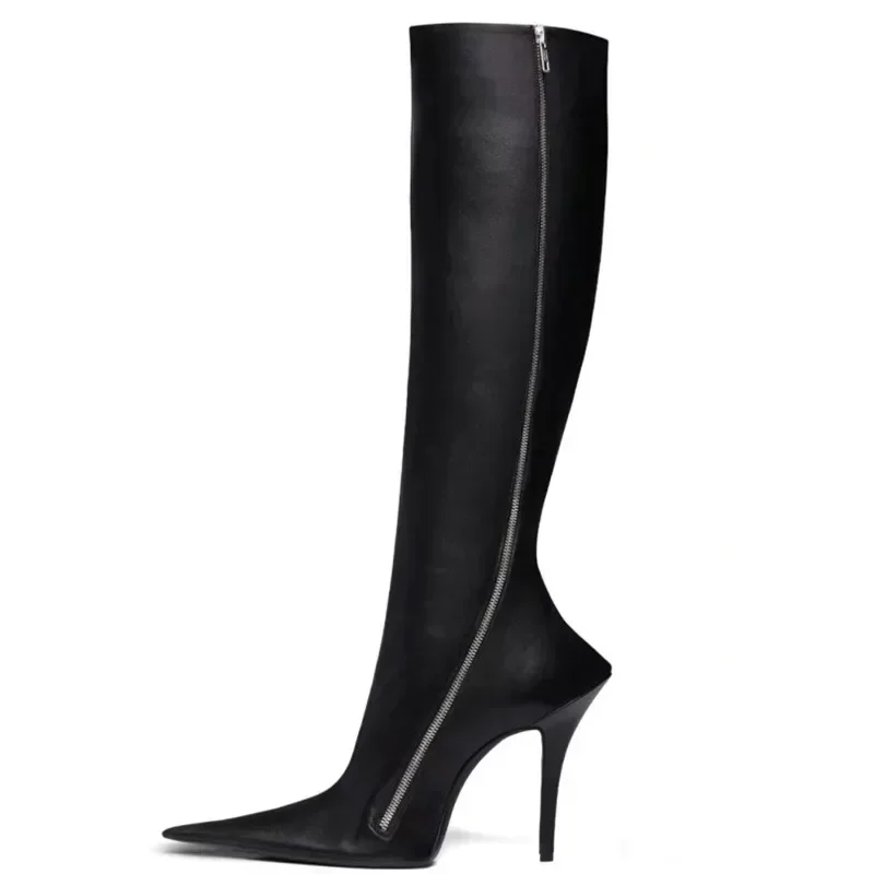 2023 New Designer Pointed Women\'s Stiletto Heels Knee Length Boots, 44 Large Leather Women\'s Boots with Fashionable Side Zippers