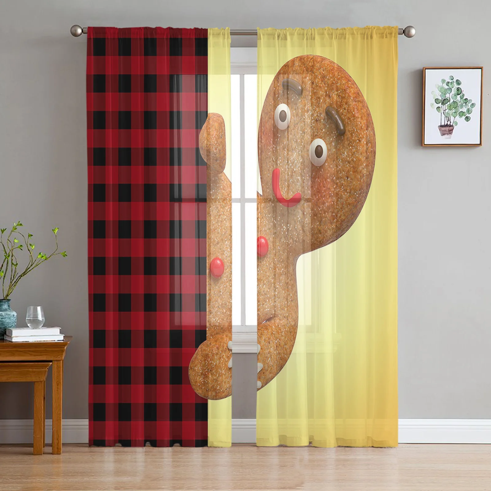 

Christmas Plaid Gingerbread Man Tulle Curtains for Living Room Sheer Voile Curtain for Bedroom Kitchen Window Drapes Blinds