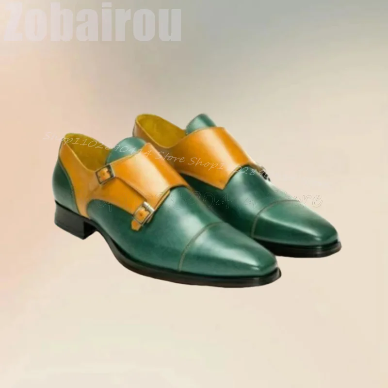 

Green Yellow Buckle Decor Double Monk Loafers Fashion Slip On Men Shoes Luxurious Handmade Party Feast Banquet Men Dress Shoes