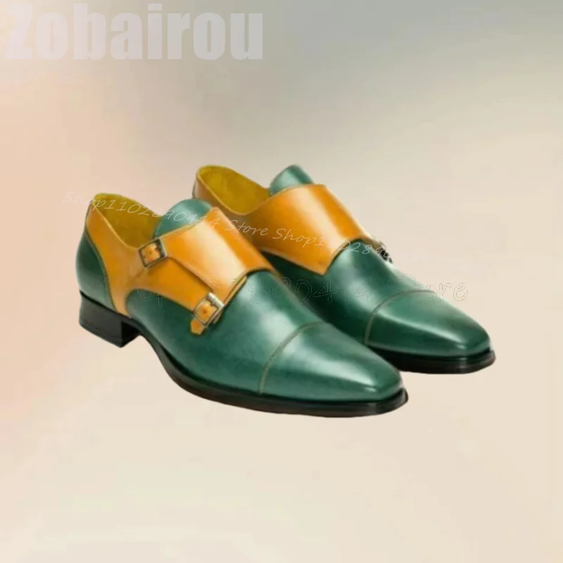 Green Yellow Buckle Decor Double Monk Loafers Fashion Slip On Men Shoes Luxurious Handmade Party Feast Banquet Men Dress Shoes