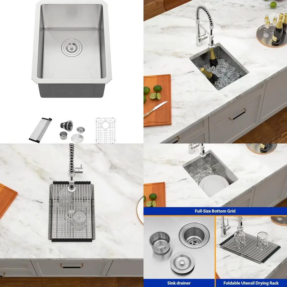 

Modern Stainless Steel 14x18x9 Undermount Single Bowl Bar Sink, 16 Gauge, Brushed Finish, Grid Drain, Suitable for Modern Kitche