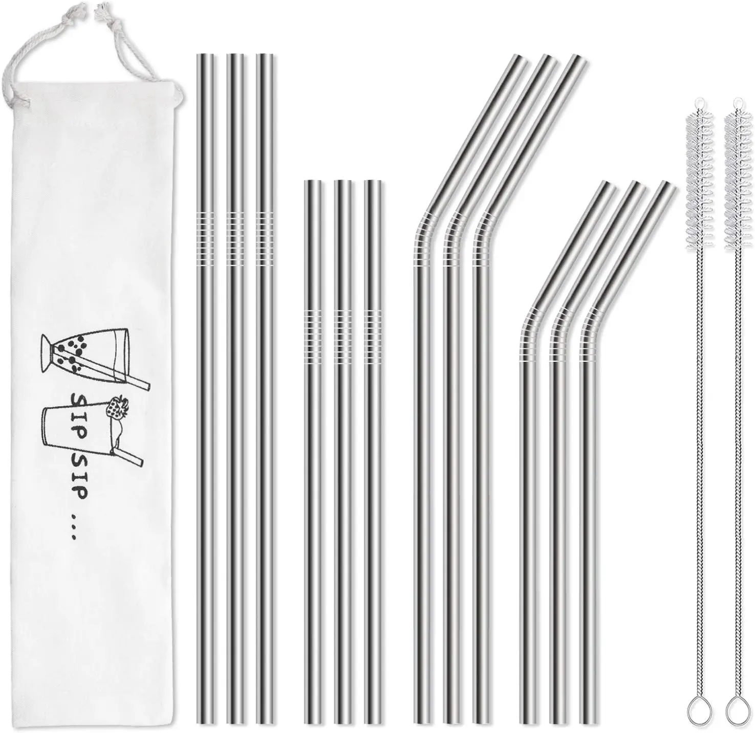 

12-Pack Reusable Stainless Steel Straws with Case and Brushes for Tumblers, Dishwasher Safe