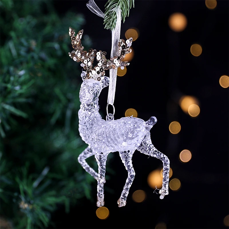 Acrylic Reindeer Snowflake Christmas Ornaments with Gold Sequin Xmas Tree Hanging Pendants Home Decoration 2025 New Year Party