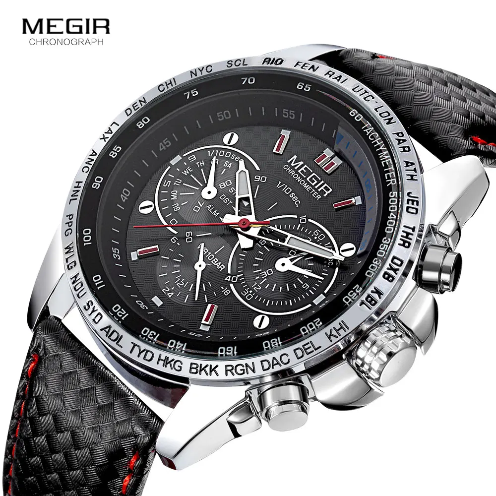 MEGIR hot fashion man\'s quartz wristwatch brand waterproof leather watches for men casual black watch for male 1010