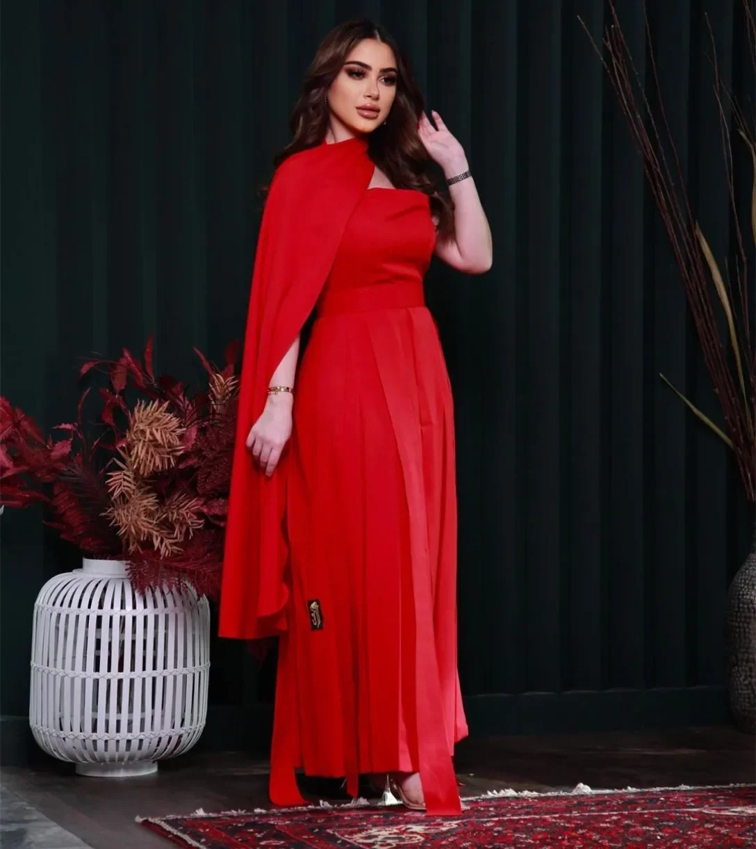 

Elegant Short Red Evening Dresses With Cape Party Gowns A-Line Halter Pleated فساتين السهرة Ankle Length Prom Dresses for Women