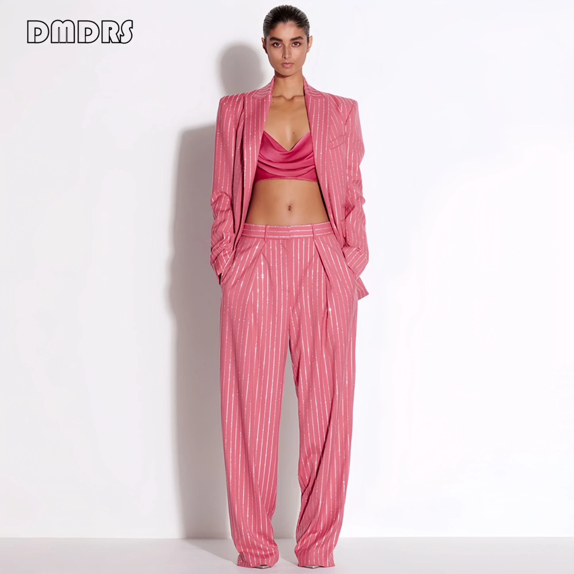 Loose Fit Women's Fashion Suit Set, Crystals Straps One Button Blazer Pants Set, Plus Size Hot Pink High Street 2-Piece Outfit