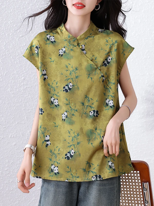 Yellow Silk Cloud Cloth ort Sve irt Women's Faion Retro Chinese Sle Panda Print Button up Loose Fit Summer irt