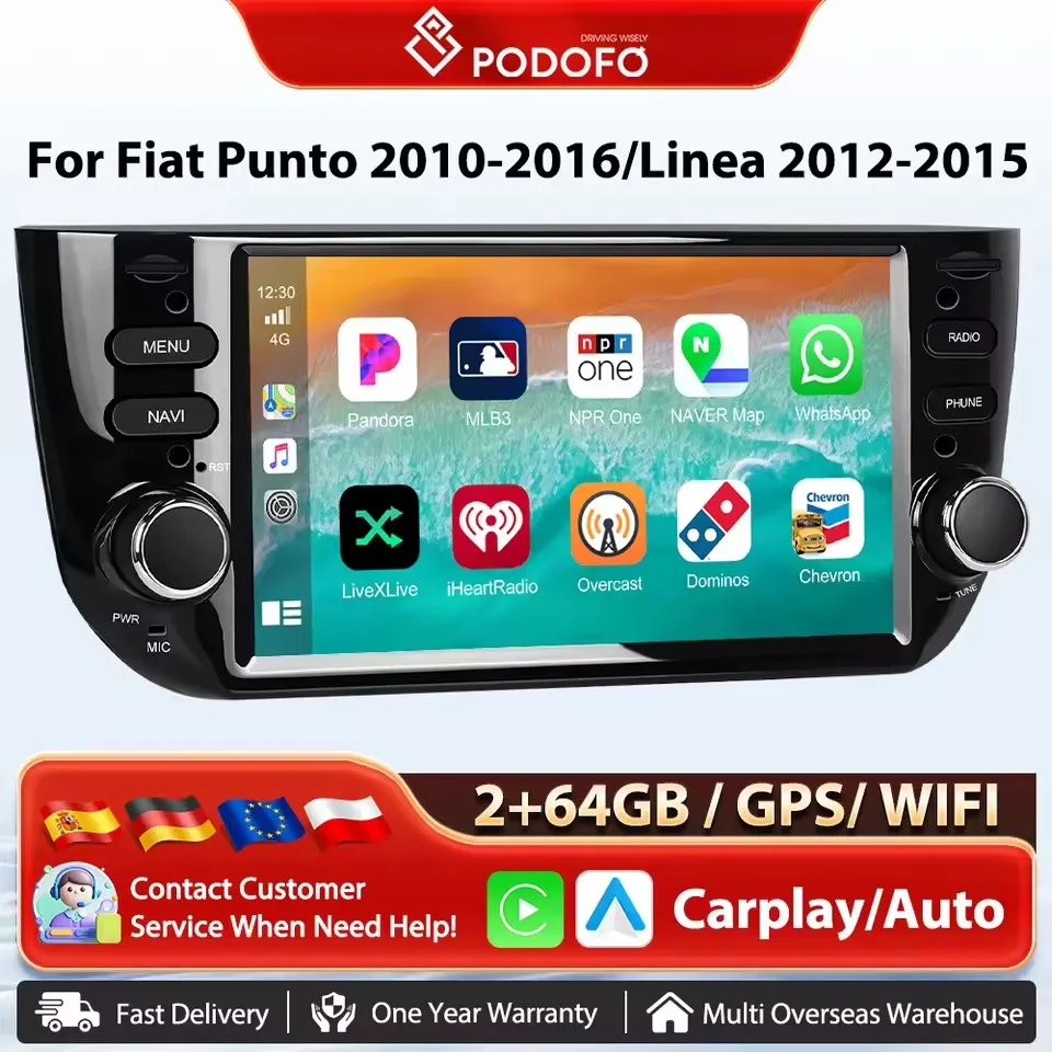 Podofo 6.2 ''Wireless Carplay Android Auto Autoradio WIFI GPS Mirrorlink Lettore Multimediale Per Auto Per Fiat Punto 10-16/Linea 12-15