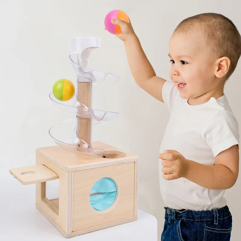 Montessori Toys Baby Early Education Puzzle Rotating Track Rolling Ball Sliding Ball Wooden Tower Toy Set 0-3 Years Old