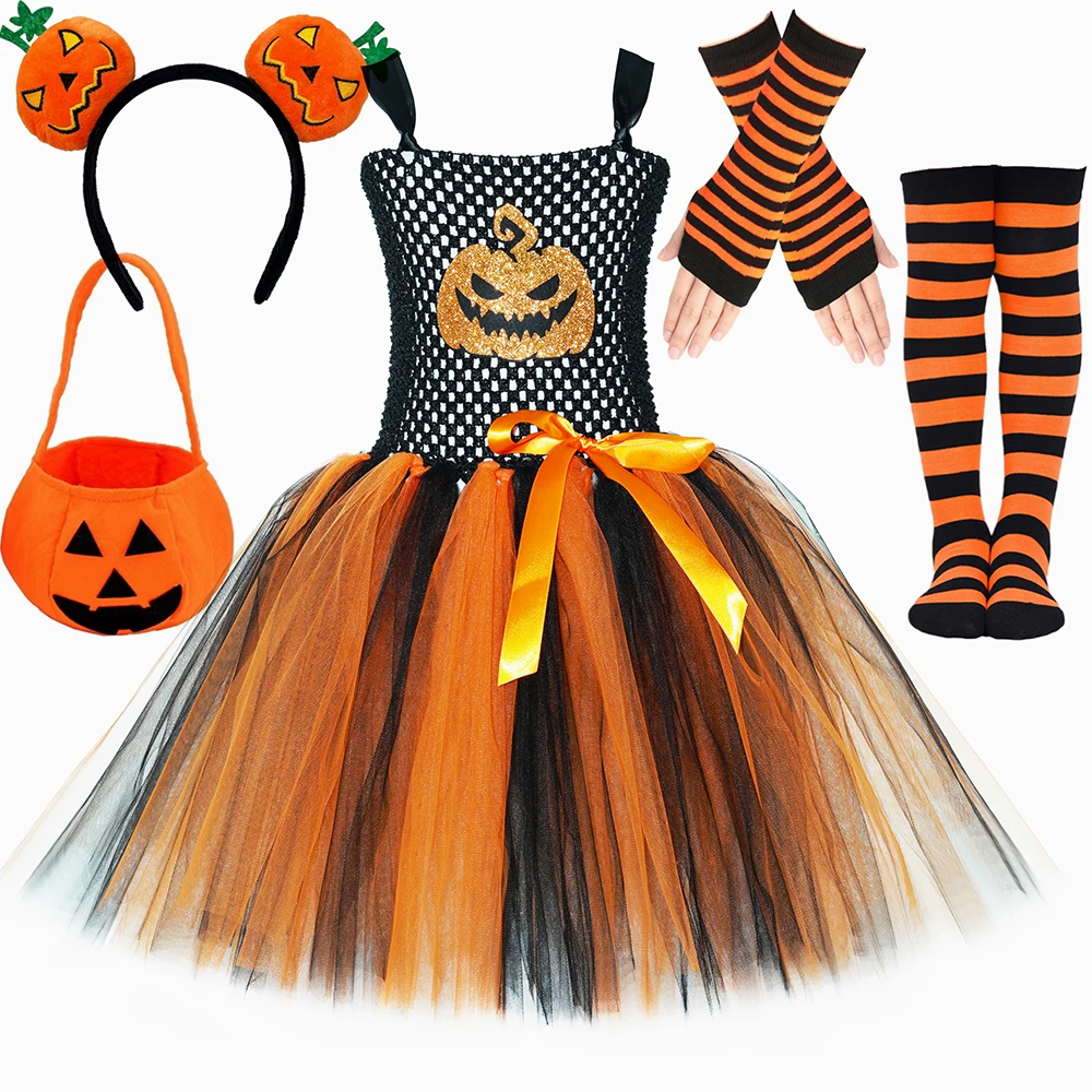 

Girls Halloween Pumpkin Costume for Wicked Pumpkin Jack O Lantern Face Tutu Dress Girls Trick 'r Treat Carnival Party Dress