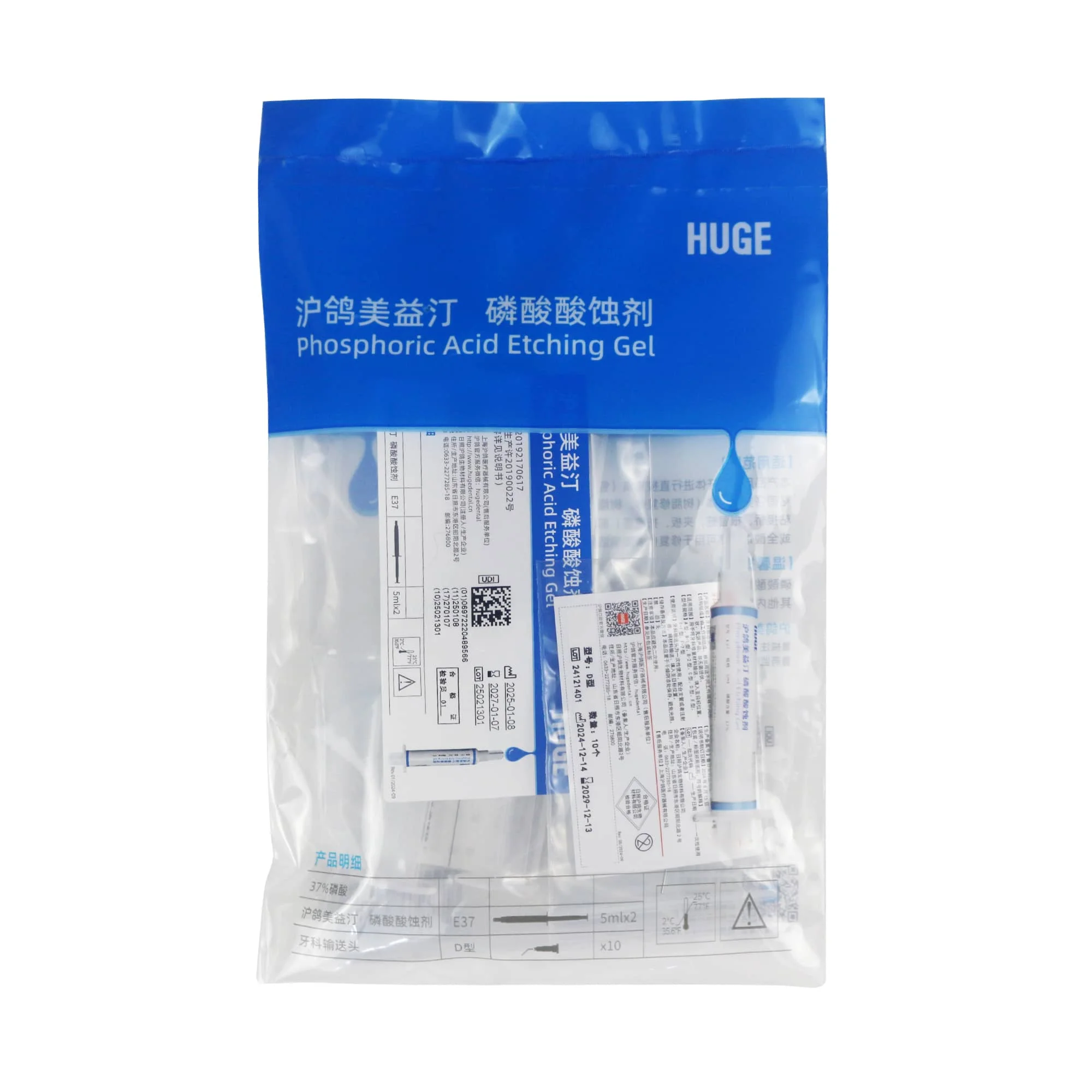 Etchant الأسنان، Shanghai HUGE، 37% محفور حمض الفوسفور، الموديل E37، 5 مل/حقنة، 2 محاقن/حقيبة